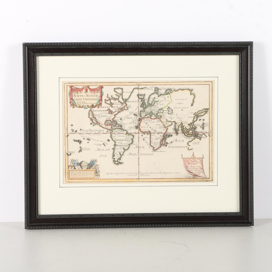 18th Century World Map Engraving "Mappe-Monde Carte Universelle"