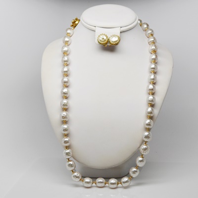 Miriam Haskell Faux Pearl Necklace and Pierced Earrings