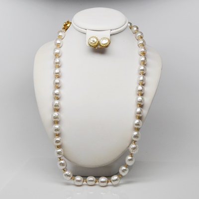 Miriam Haskell Faux Pearl Necklace and Pierced Earrings