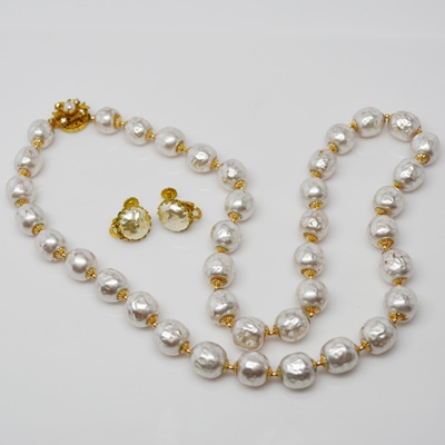 Miriam Haskell Faux Pearl Necklace and Pierced Earrings