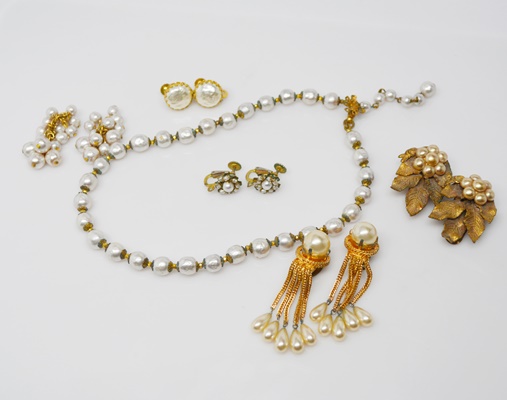 Miriam Haskell Faux Pearl Necklace and Multiple Clip-On Earrings