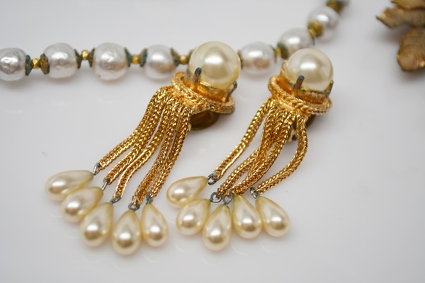Miriam Haskell Faux Pearl Necklace and Multiple Clip-On Earrings