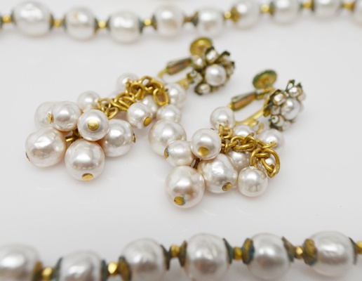 Miriam Haskell Faux Pearl Necklace and Multiple Clip-On Earrings