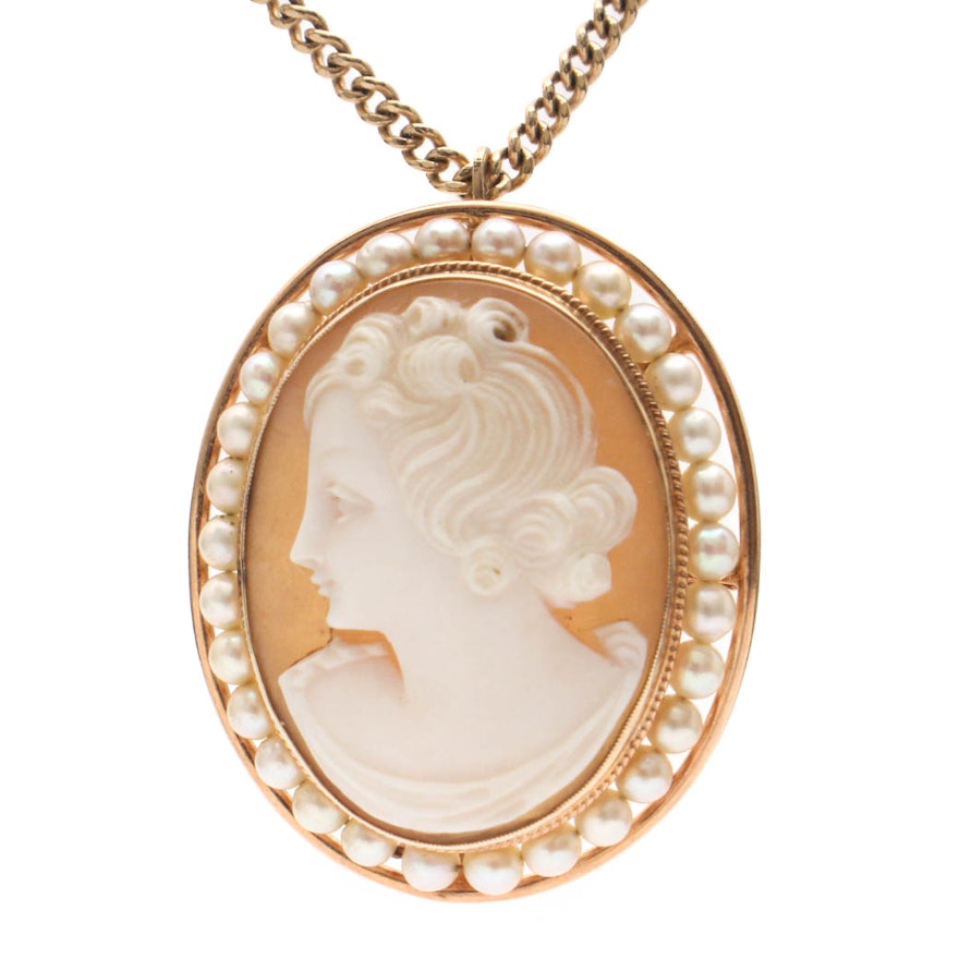 Antique 10K Yellow Gold Shell and Pearl Cameo on 14K Yellow Gold Chain