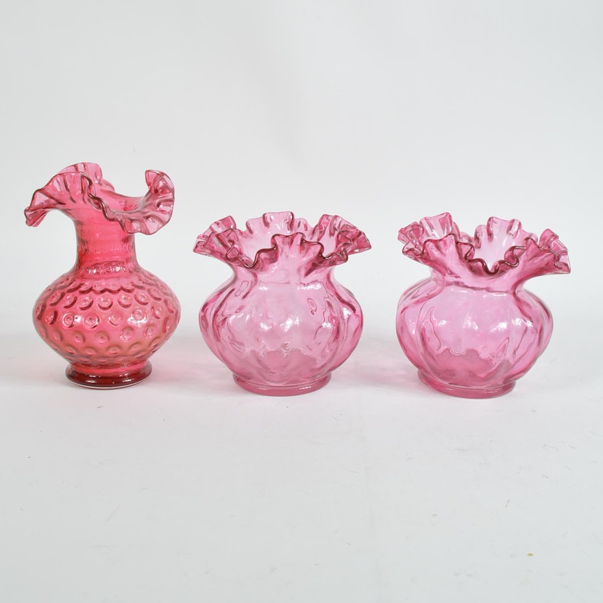 Ribbon Edge Cranberry Glass Vases