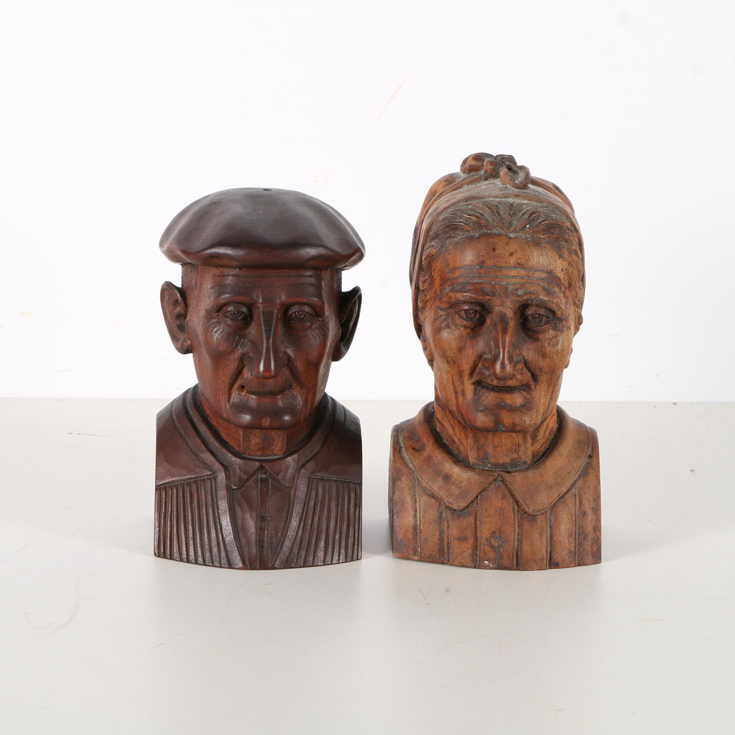 Hand Carved Folk Art Wooden Busts