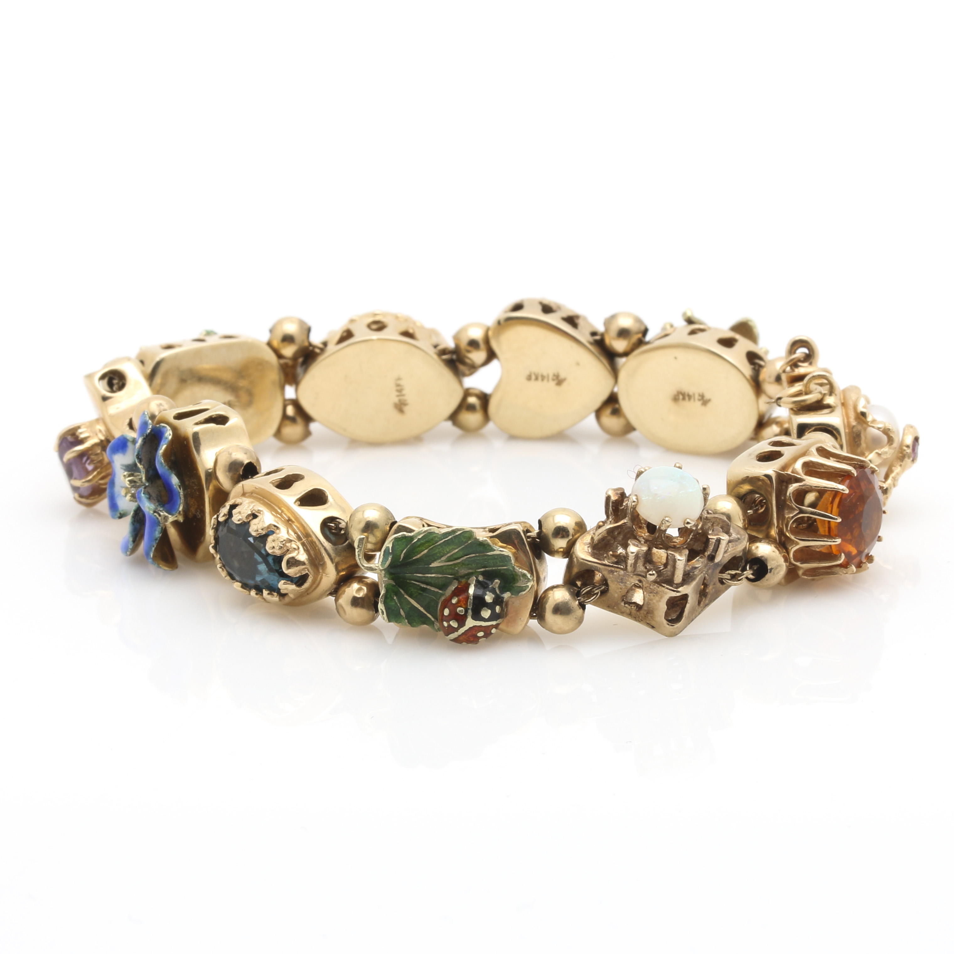 14K Yellow Gold Slide Charm Bracelet with Assorted Gemstones and Enamel