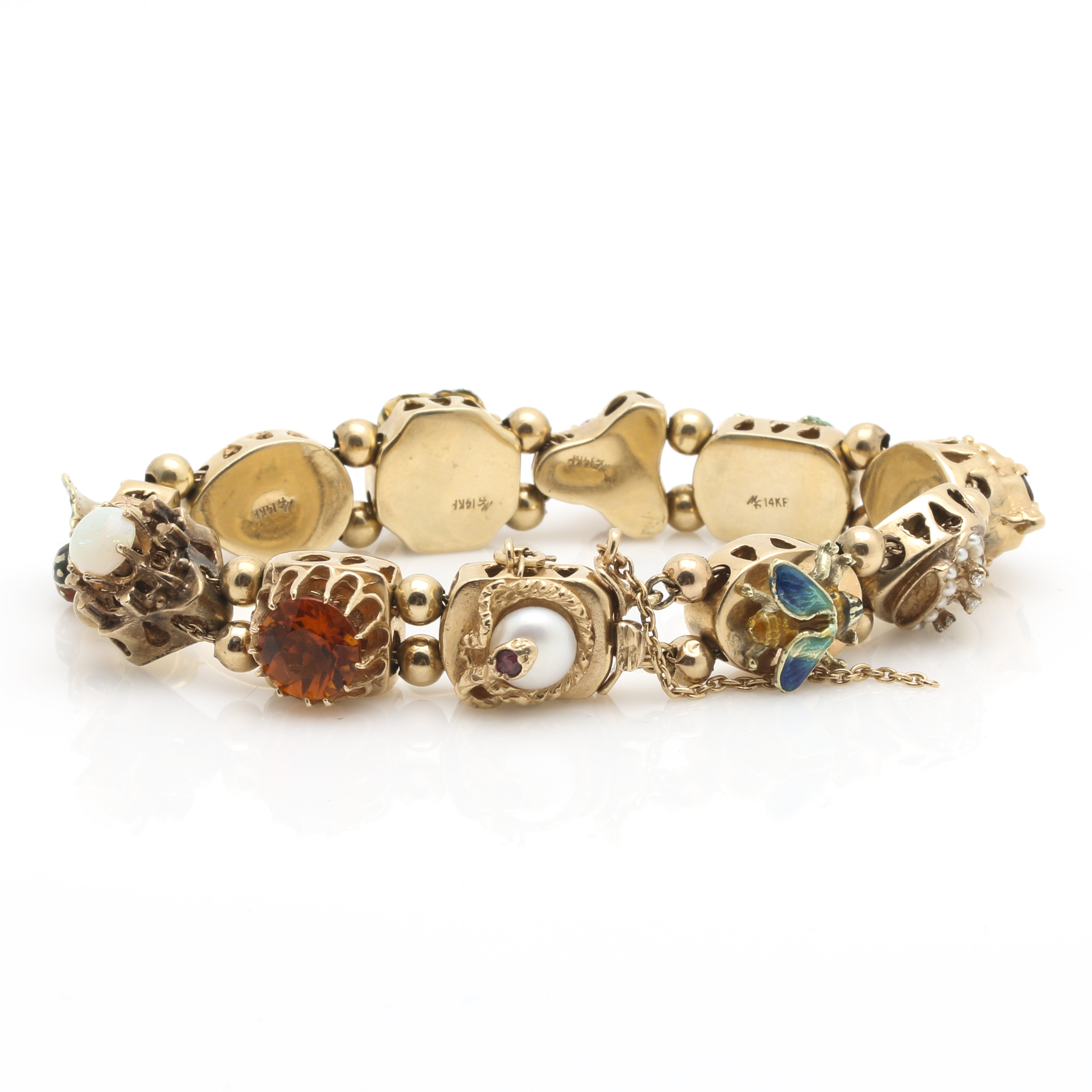 14K Yellow Gold Slide Charm Bracelet with Assorted Gemstones and Enamel