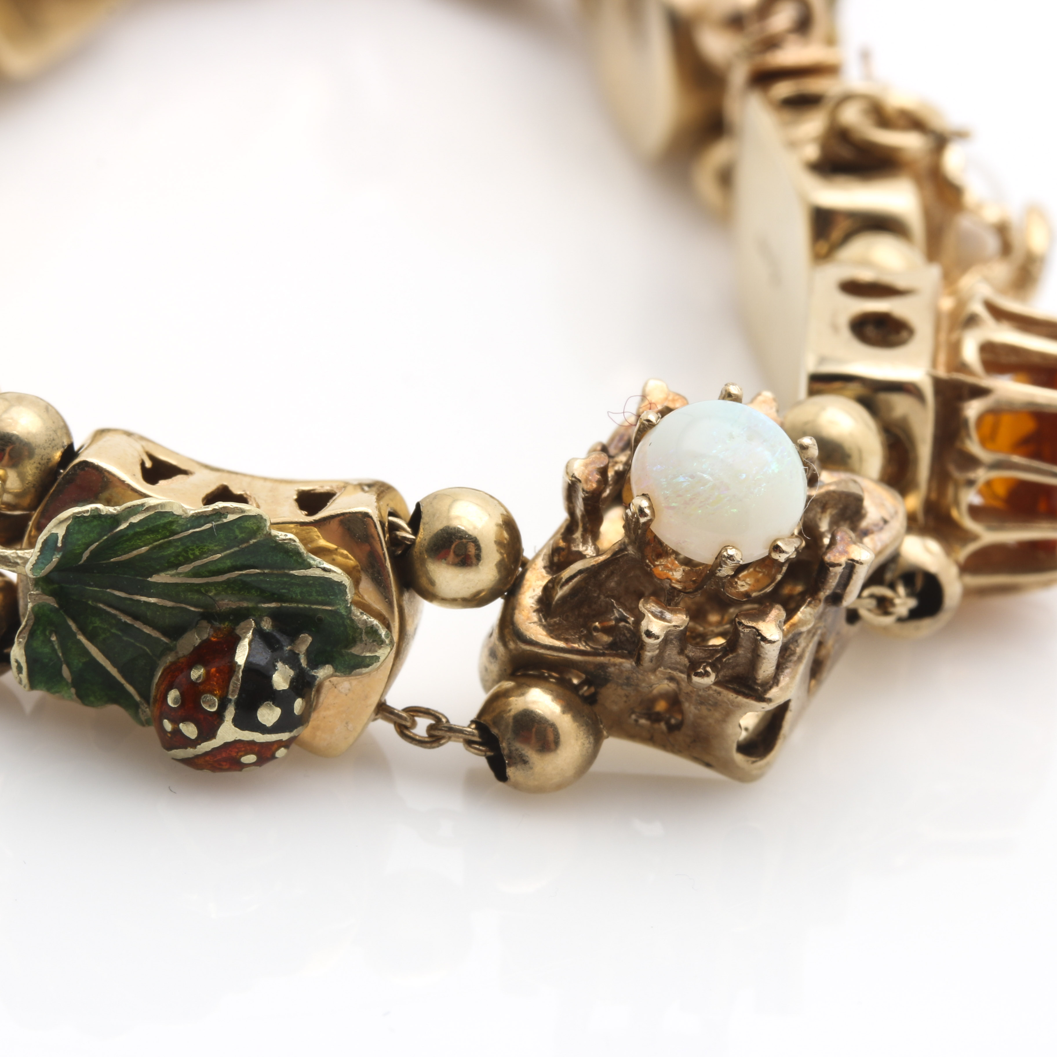 14K Yellow Gold Slide Charm Bracelet with Assorted Gemstones and Enamel
