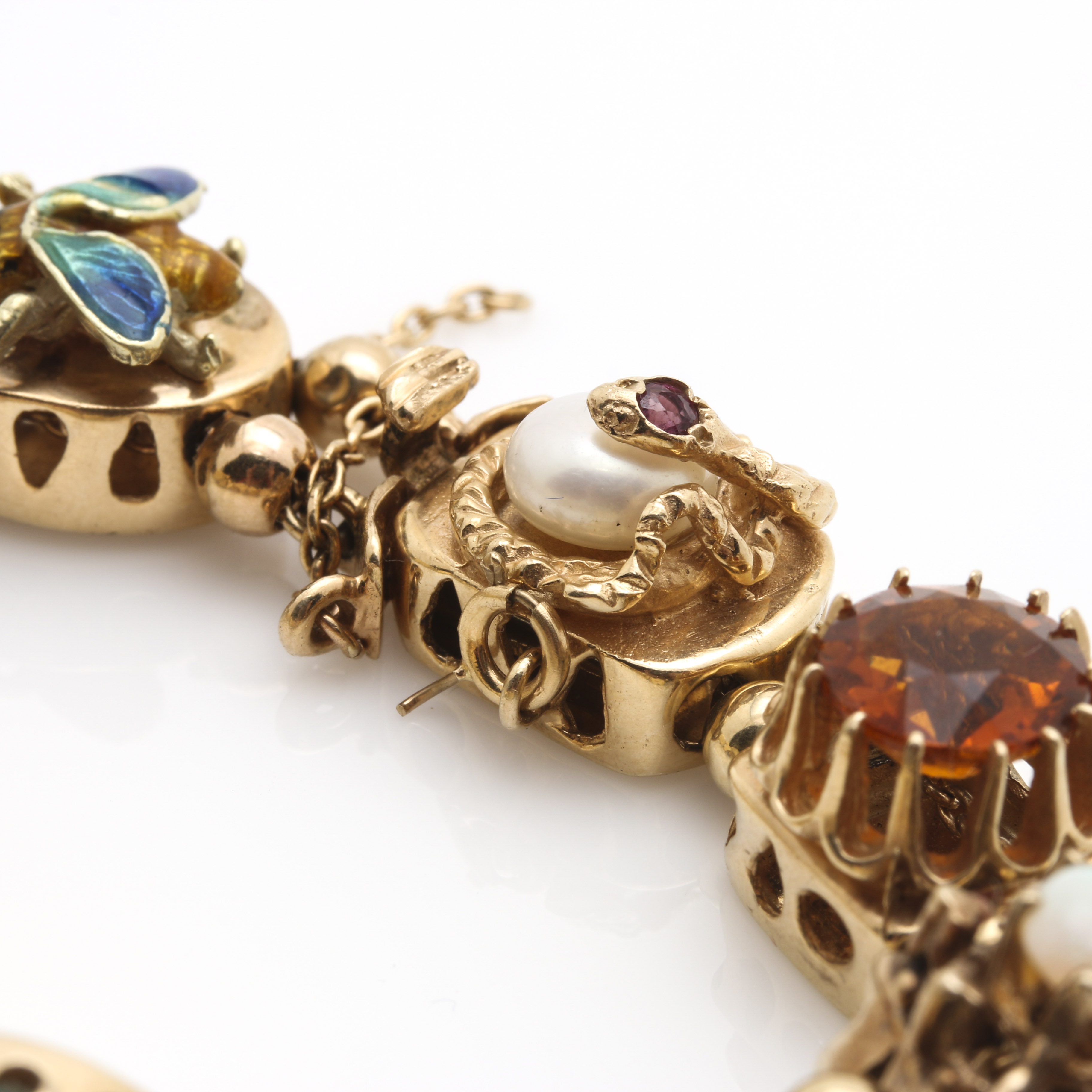 14K Yellow Gold Slide Charm Bracelet with Assorted Gemstones and Enamel