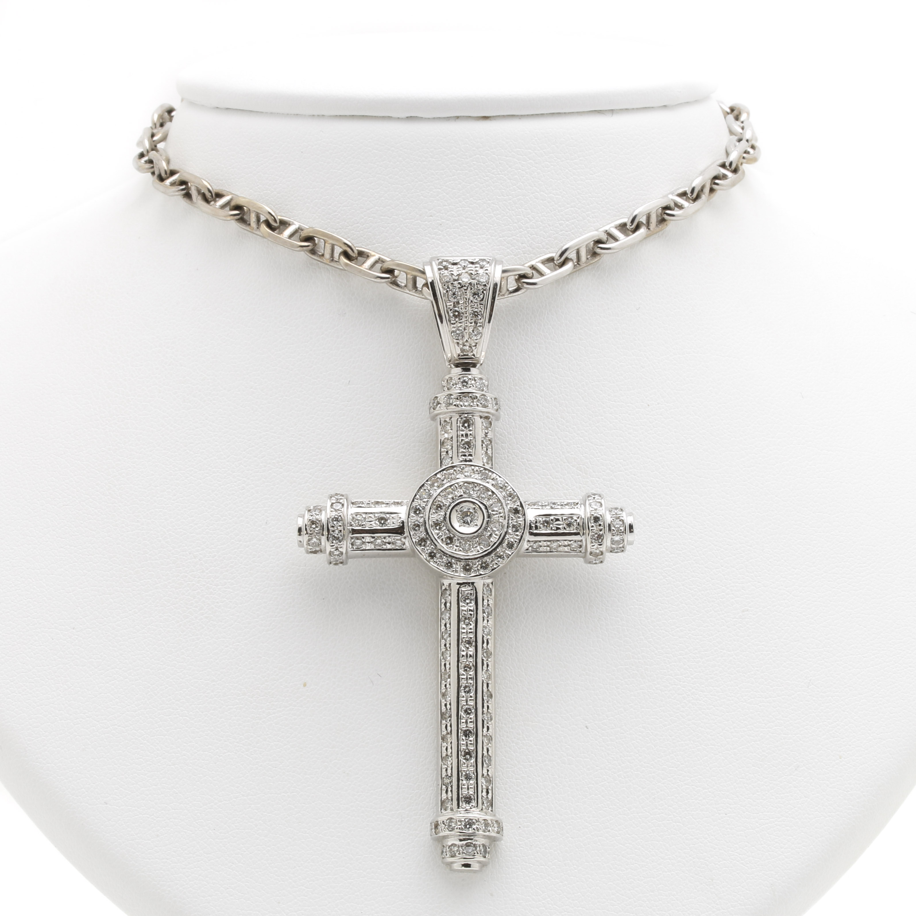 14K White Gold Necklace With 2.66 CTW Diamond Cross Pendant