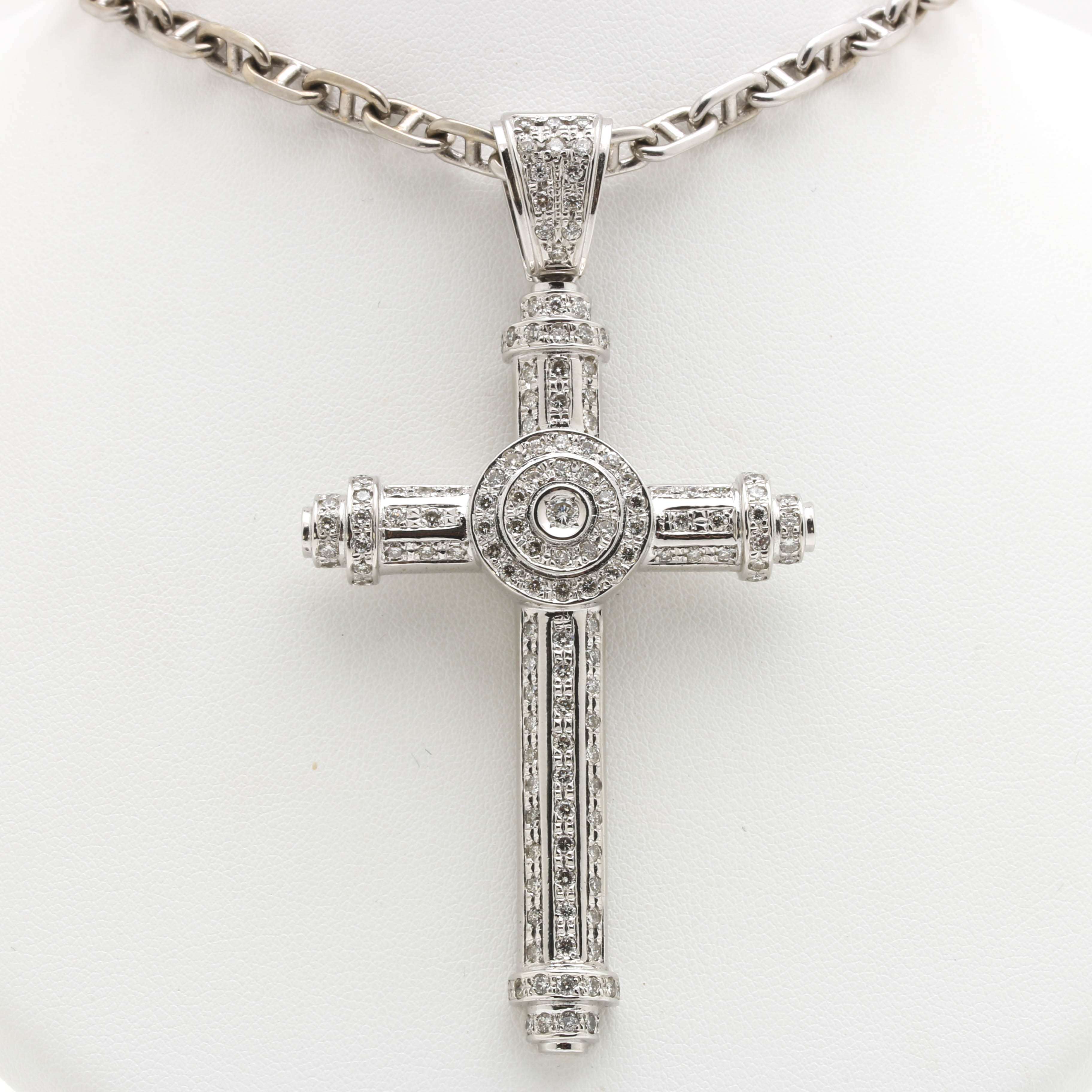 14K White Gold Necklace With 2.66 CTW Diamond Cross Pendant