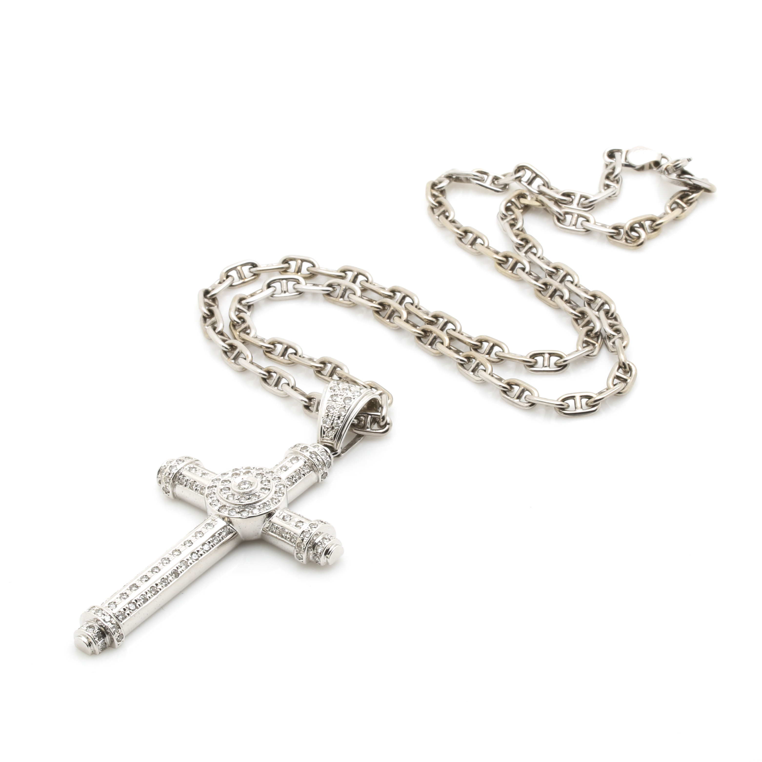 14K White Gold Necklace With 2.66 CTW Diamond Cross Pendant