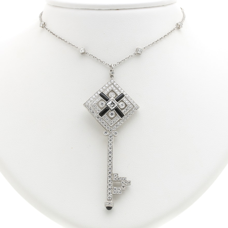 Tiffany & Co. Platinum, Onyx, and 4.46 CTW Diamond Square Key Necklace