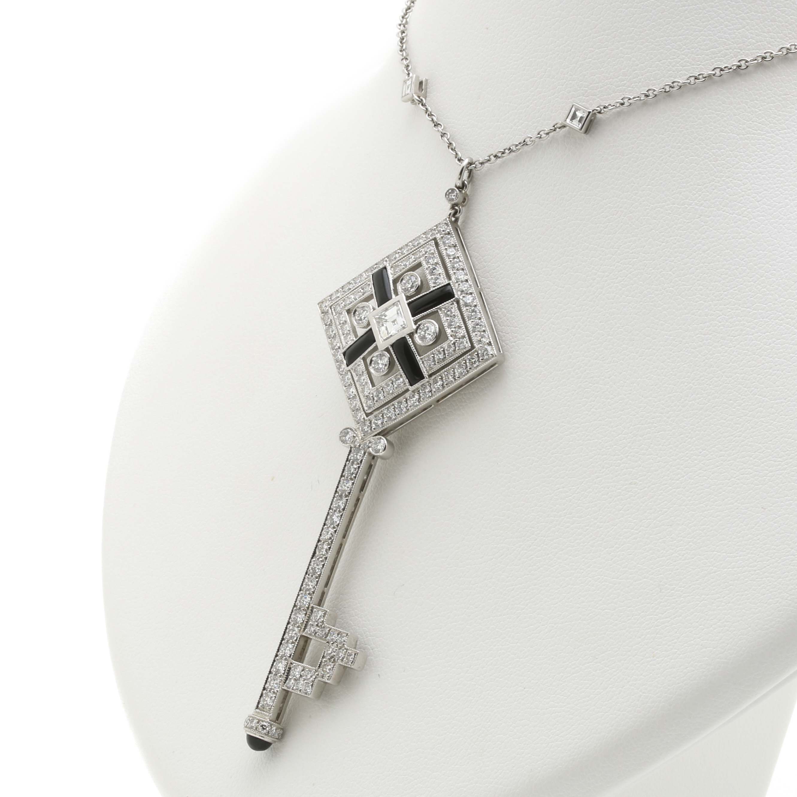 Tiffany & Co. Platinum, Onyx, and 4.46 CTW Diamond Square Key Necklace