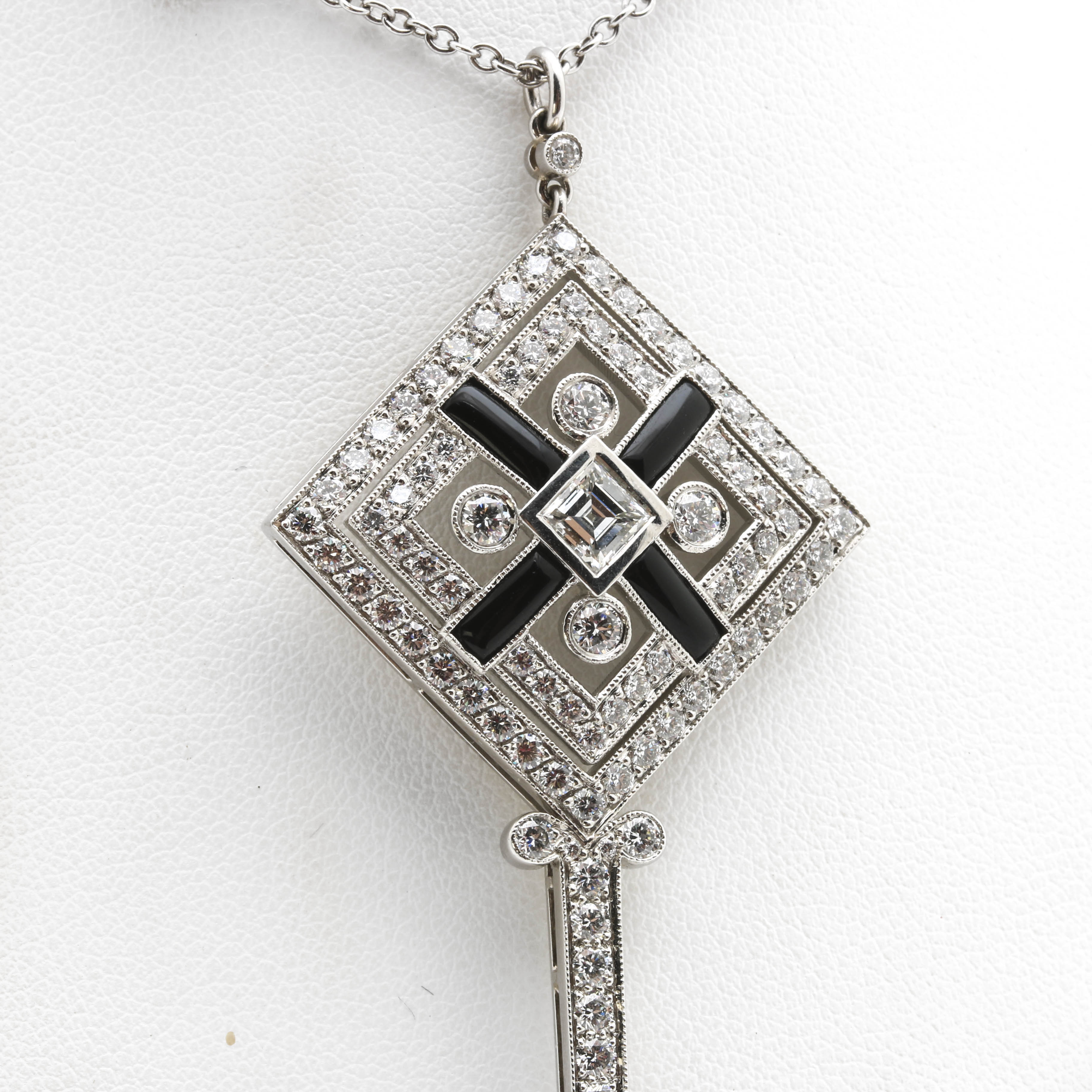 Tiffany & Co. Platinum, Onyx, and 4.46 CTW Diamond Square Key Necklace