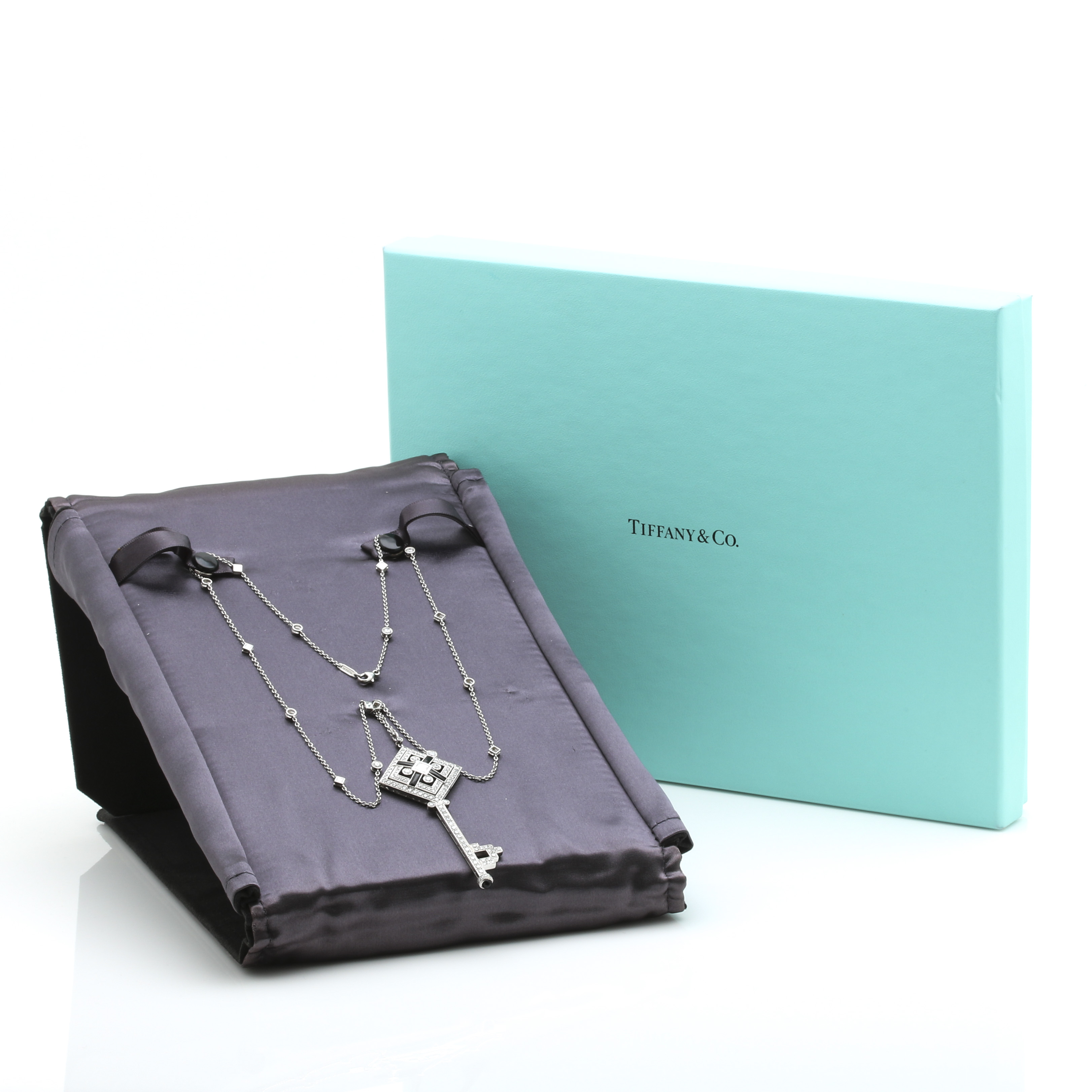 Tiffany & Co. Platinum, Onyx, and 4.46 CTW Diamond Square Key Necklace