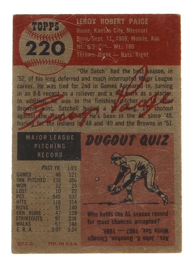 1953 Satchel Paige Topps "Rookie" Baseball Card