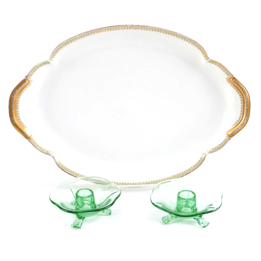 Haviland Limoges Platter with Depression Glass Candlesticks