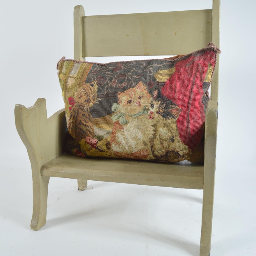 Cat Themed Child's Chair with Needlepoint Pillow