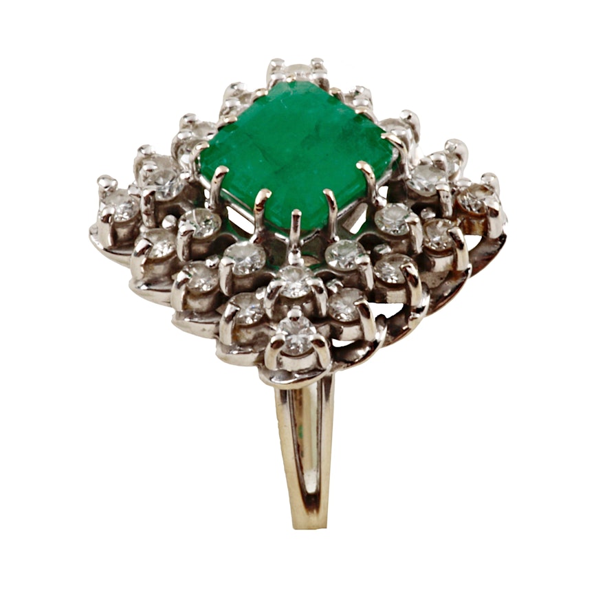 14K White Gold Emerald and Diamond Cocktail Ring