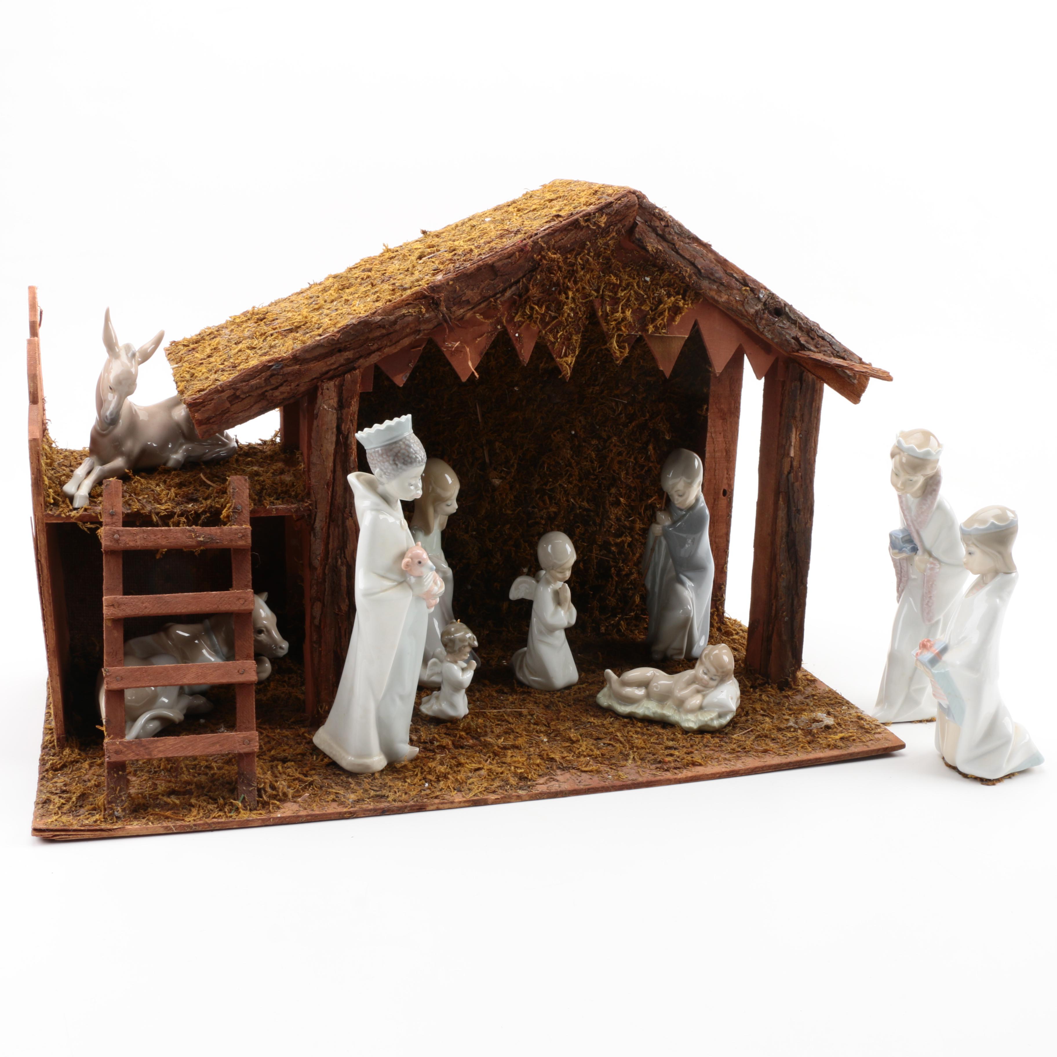 Lladró Ten Piece Nativity Porcelain Figurine Set and Wooden Crèche