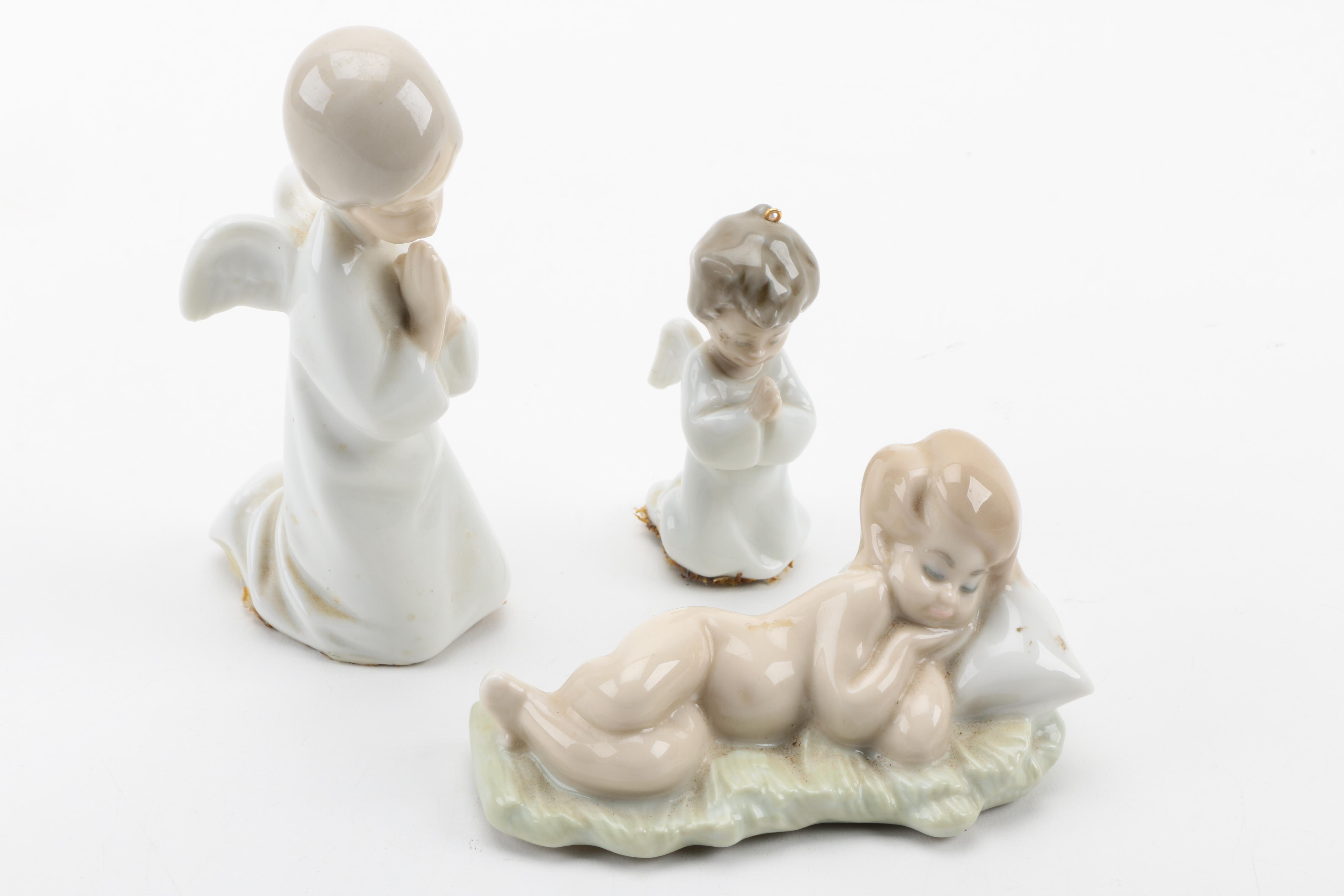 Lladró Ten Piece Nativity Porcelain Figurine Set and Wooden Crèche