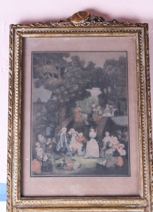 Vintage Wall Mirror with Lithograph