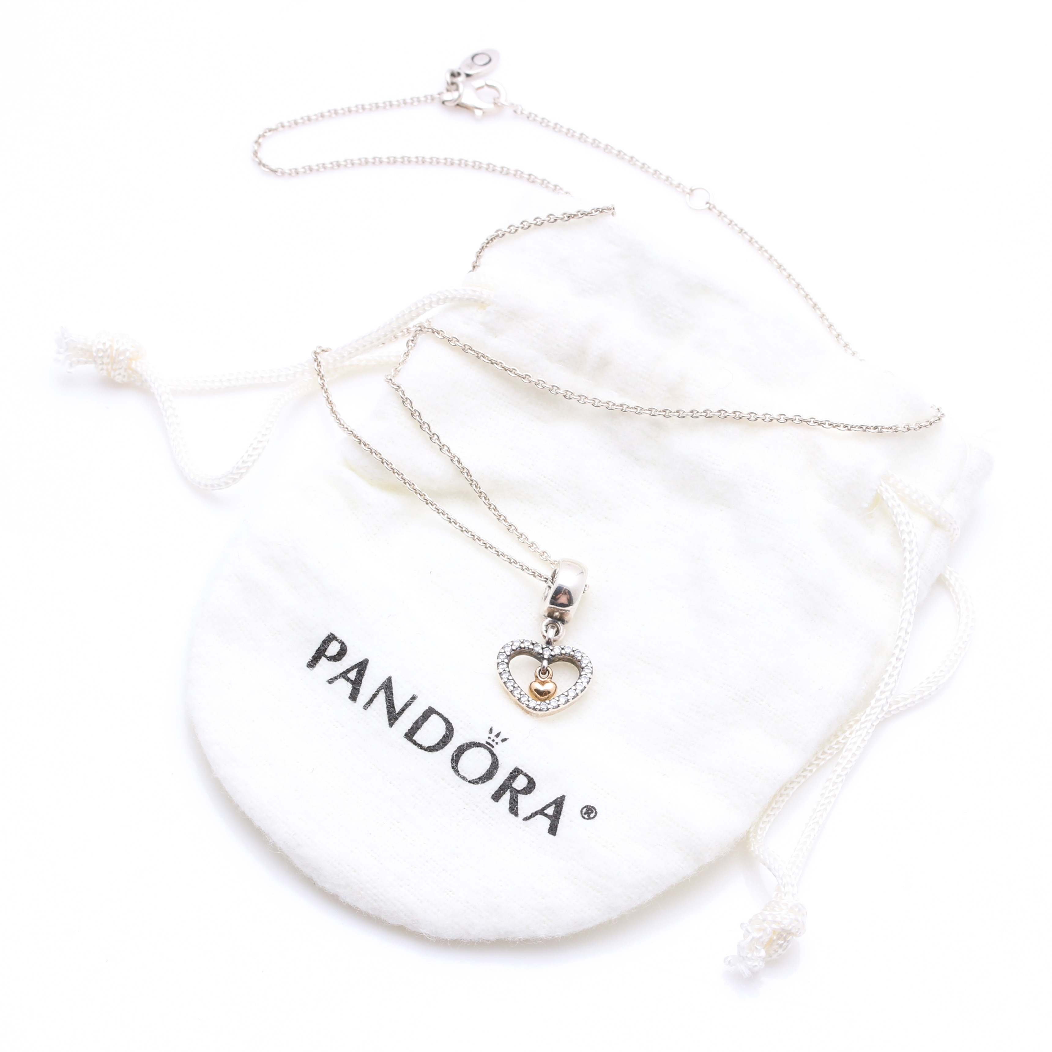 Pandora Sterling Silver Cubic Zirconia Heart Charm With Chain Necklace
