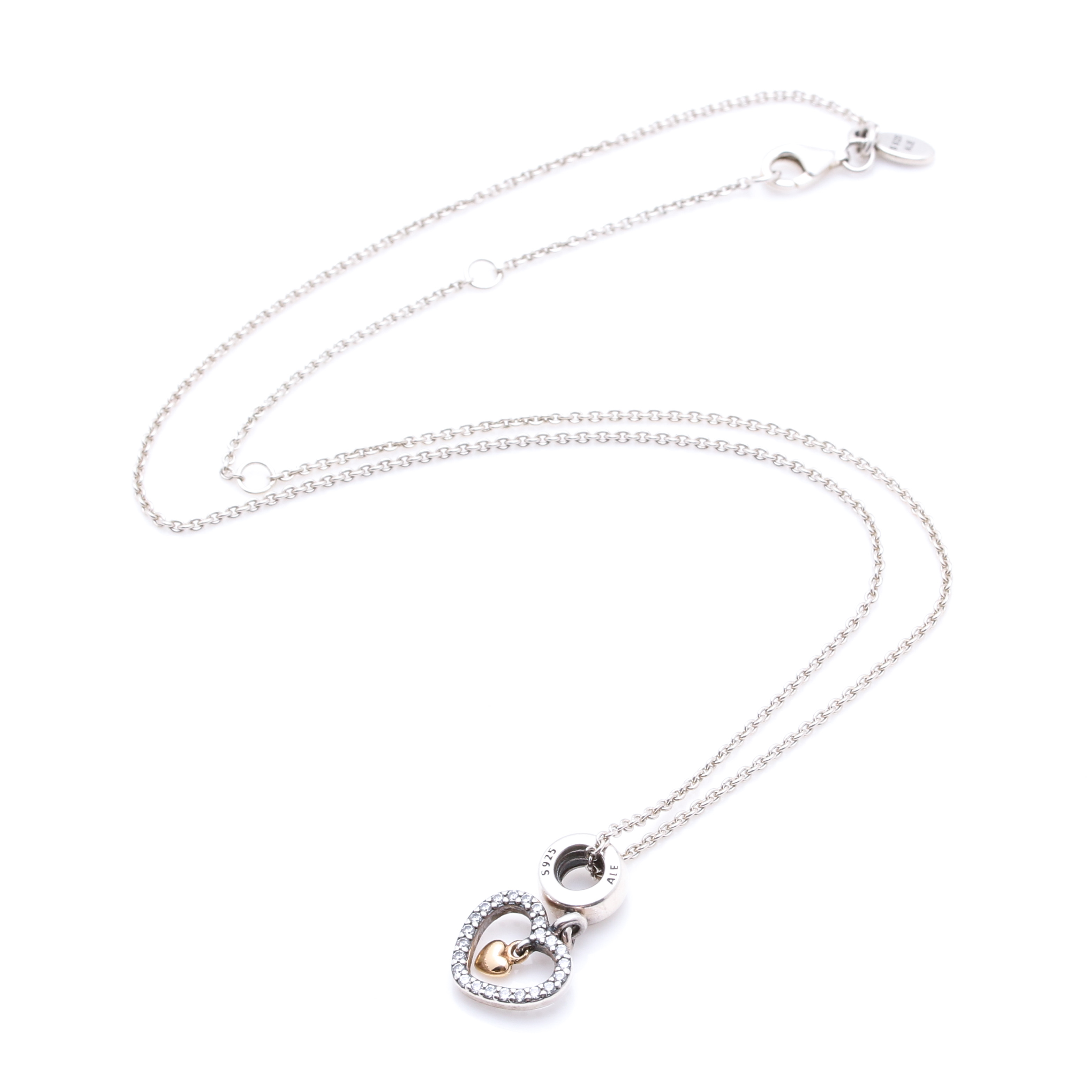 Pandora Sterling Silver Cubic Zirconia Heart Charm With Chain Necklace