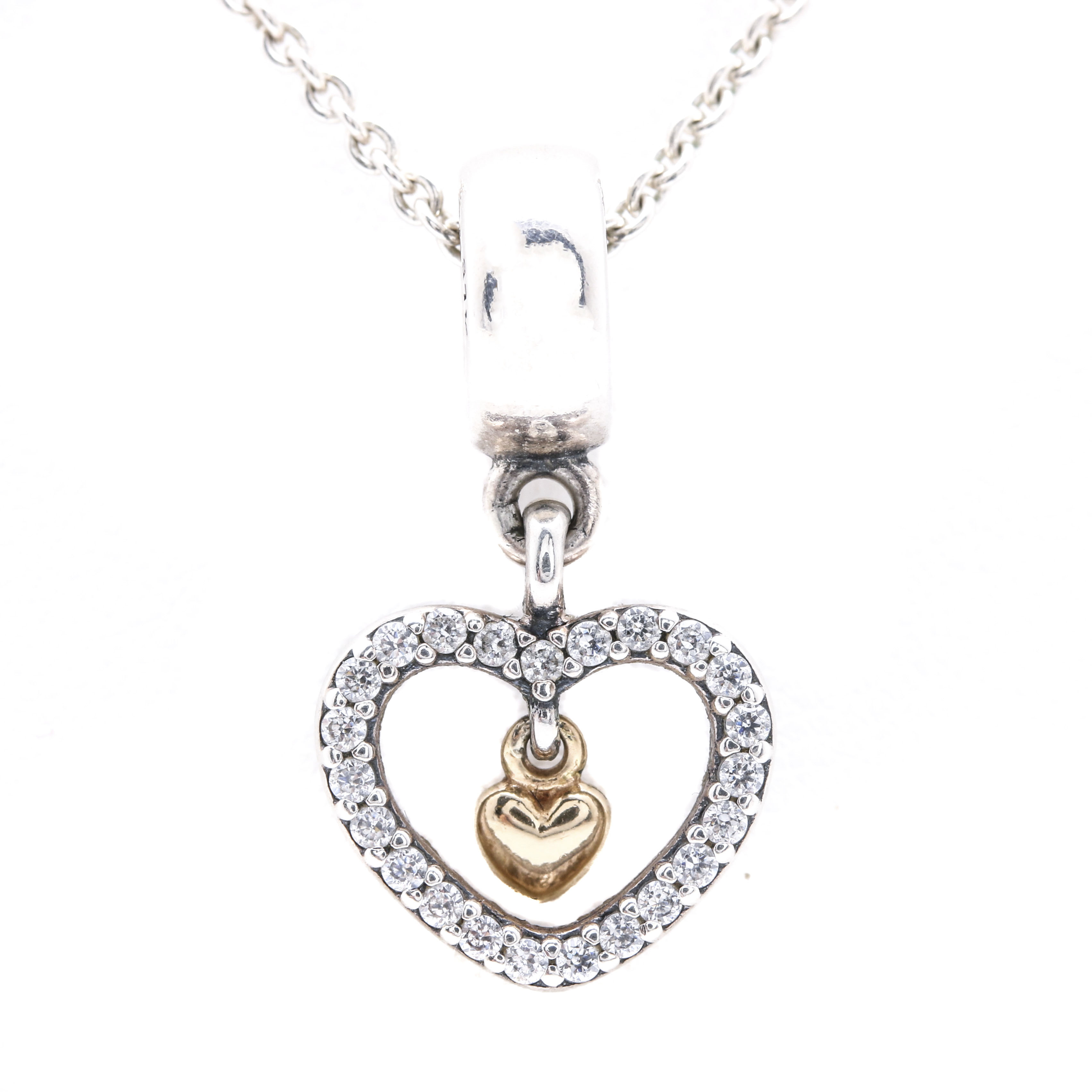 Pandora Sterling Silver Cubic Zirconia Heart Charm With Chain Necklace