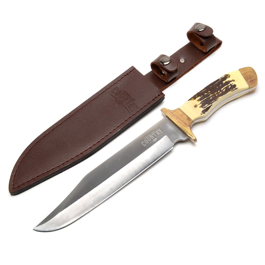 Break Up Country Bowie Hunting Knife with Leather Sheath