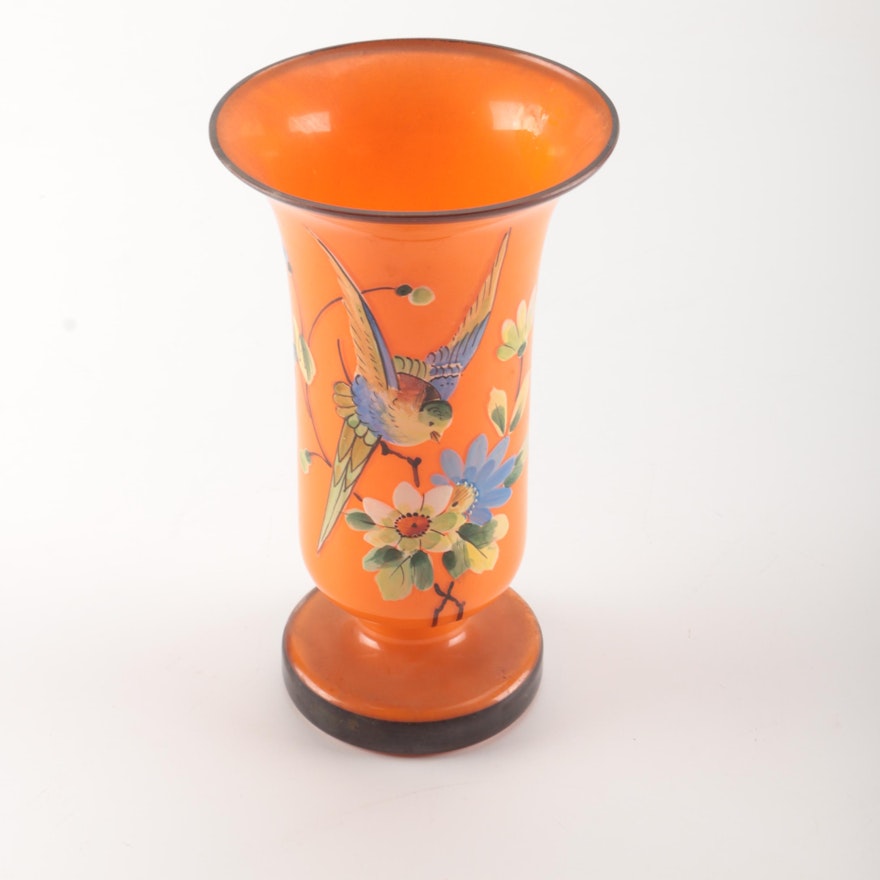 Orange Glass Vase With Bird and Flower Motif