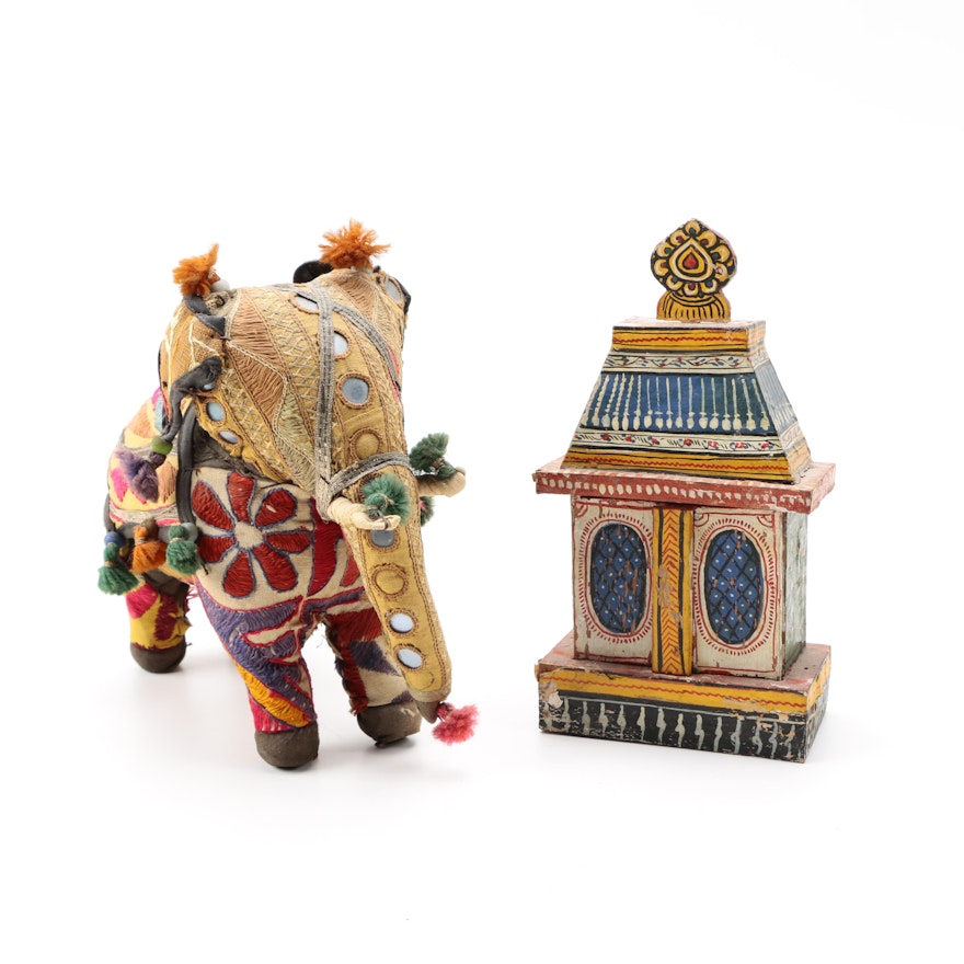 Southeast Asian Elephant Figure and Polychrome Miniature Theater