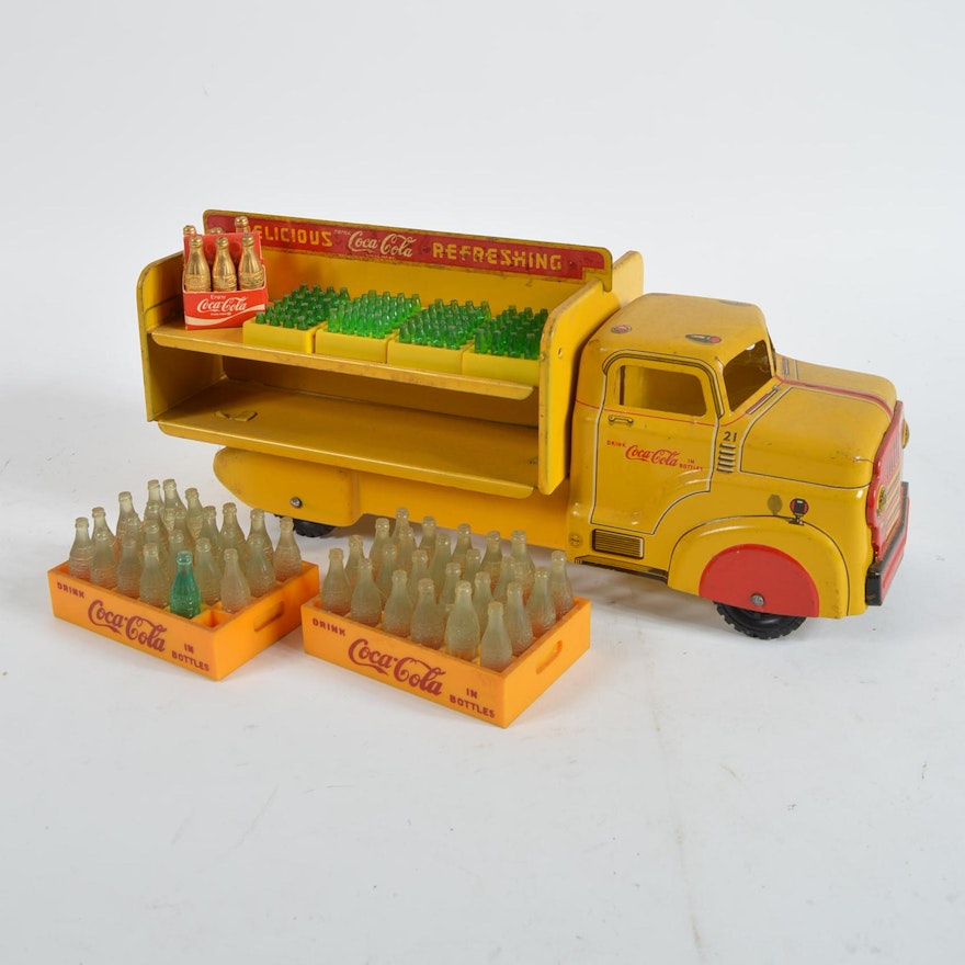 Metal Coca-Cola Toy Truck and Bottles