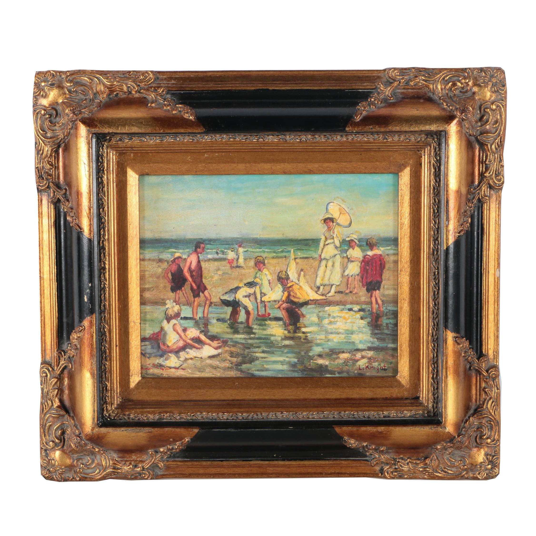 L. Knight Oil Painting of Figures at the Beach
