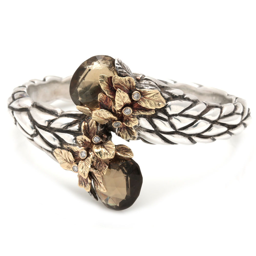 Sterling Silver and 18K Yellow Gold Smoky Quartz and Diamond Hinged Bypass Cuff Bracelet