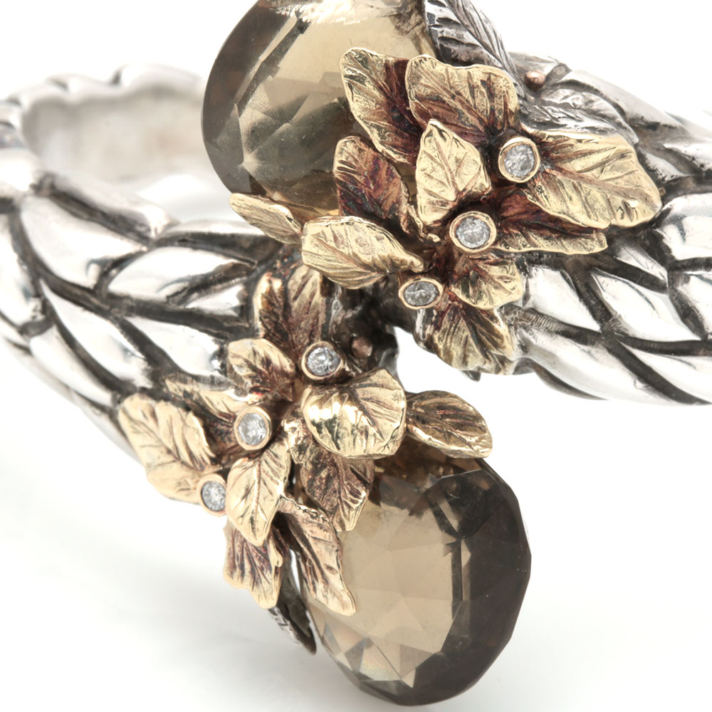 Sterling Silver and 18K Yellow Gold Smoky Quartz and Diamond Hinged Bypass Cuff Bracelet