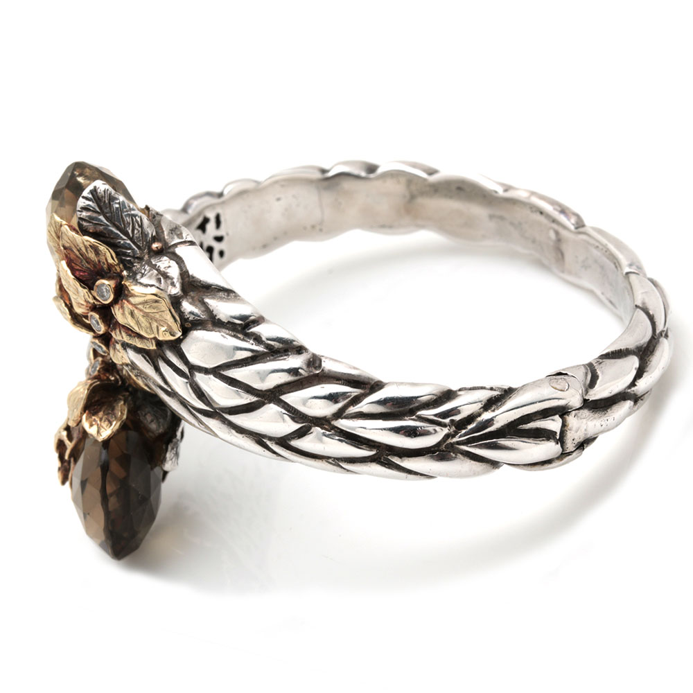 Sterling Silver and 18K Yellow Gold Smoky Quartz and Diamond Hinged Bypass Cuff Bracelet