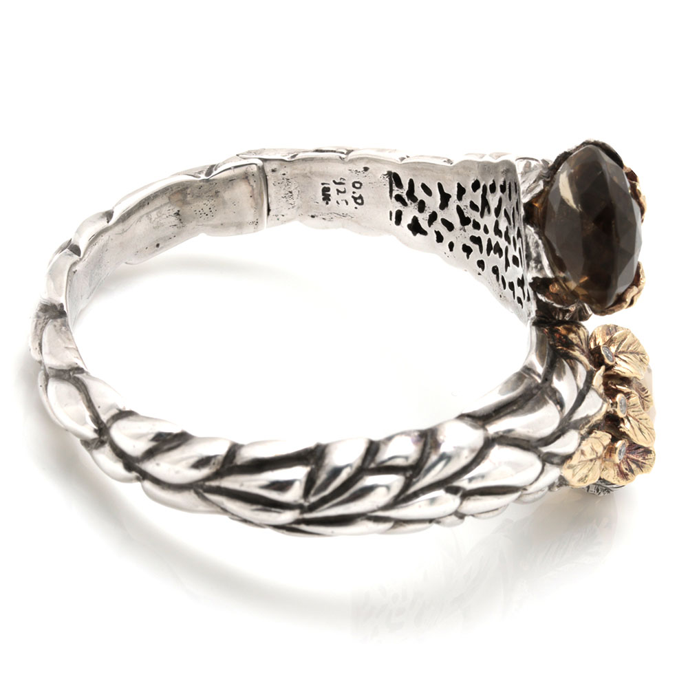Sterling Silver and 18K Yellow Gold Smoky Quartz and Diamond Hinged Bypass Cuff Bracelet