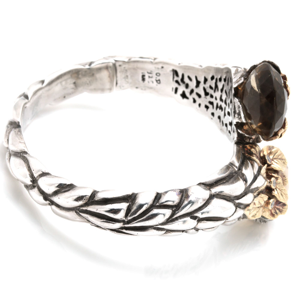 Sterling Silver and 18K Yellow Gold Smoky Quartz and Diamond Hinged Bypass Cuff Bracelet