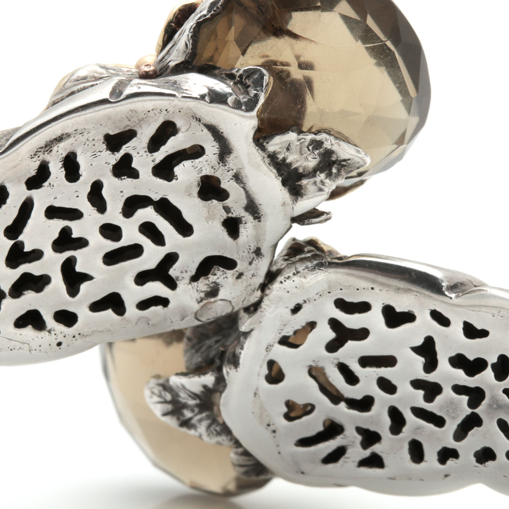 Sterling Silver and 18K Yellow Gold Smoky Quartz and Diamond Hinged Bypass Cuff Bracelet