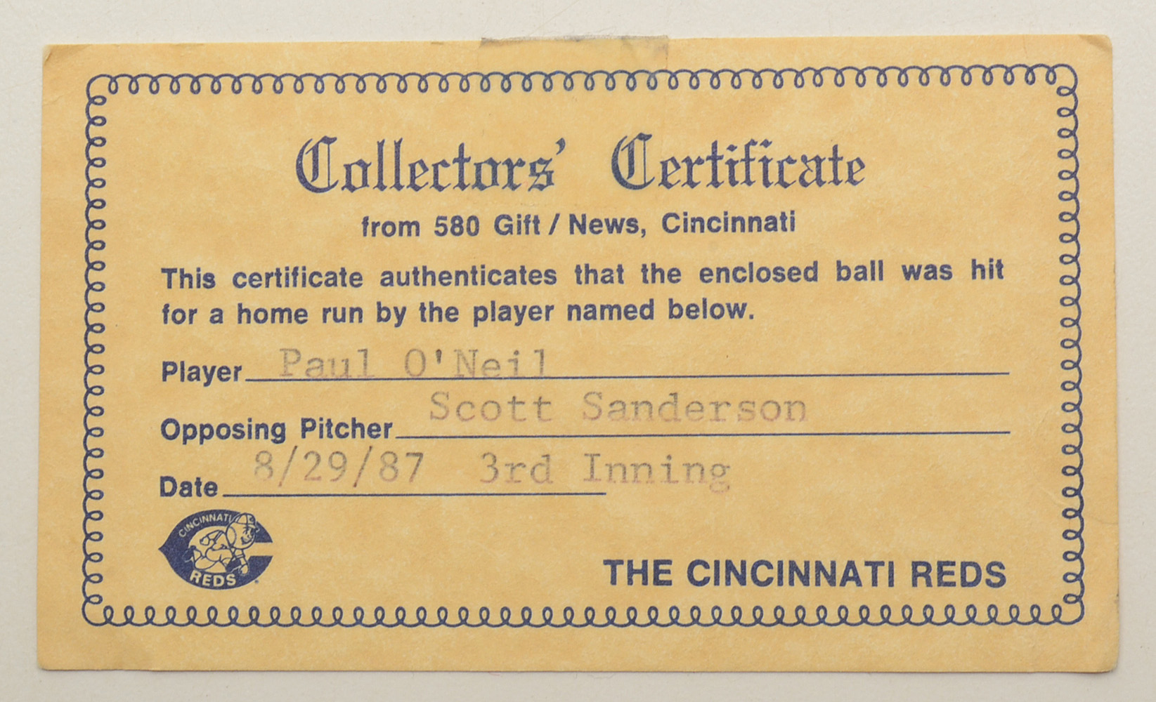 1987 Paul O'Neil Actual Hit "Home Run" Baseball Reds COA