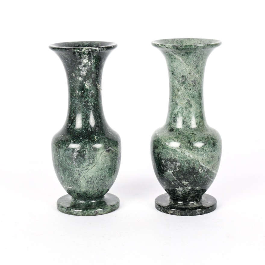 Two Taiwanese Green Marble Bud Vases