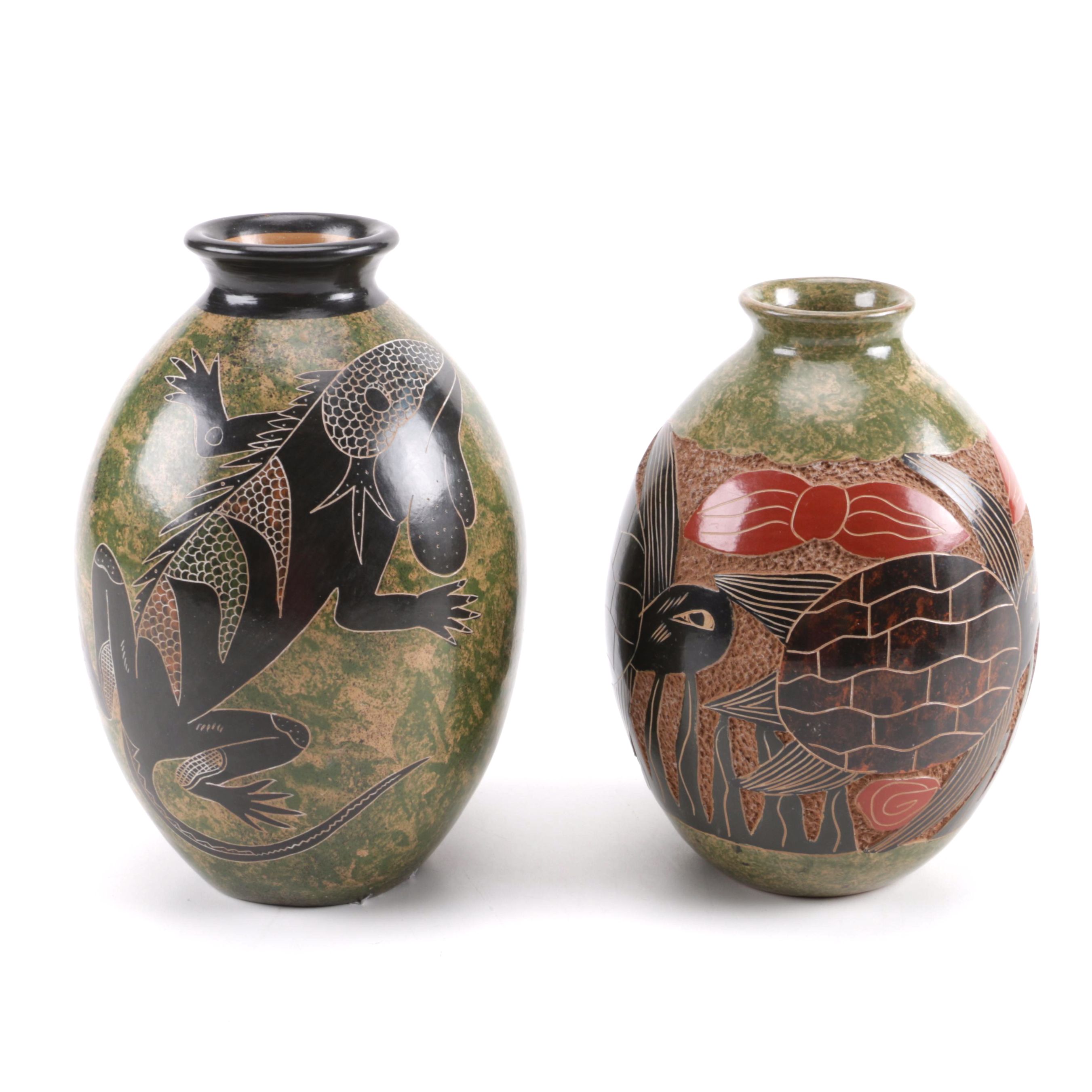 Pair of Handcrafted Stoneware Vases Including Ecuadorian