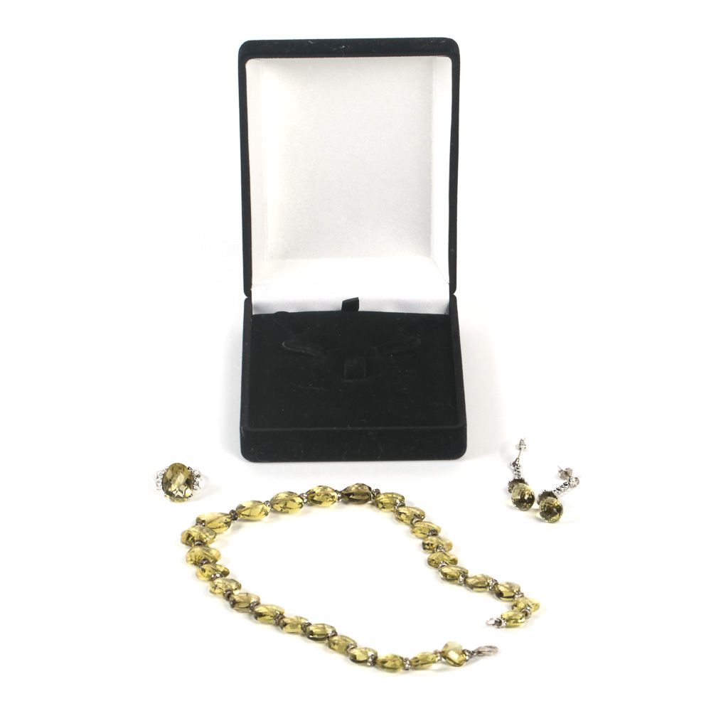 14K White Gold, Sterling Silver and Yellow Quartz Jewelry Set