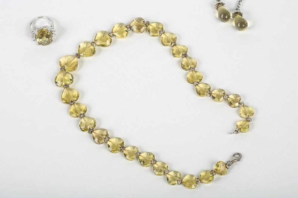 14K White Gold, Sterling Silver and Yellow Quartz Jewelry Set