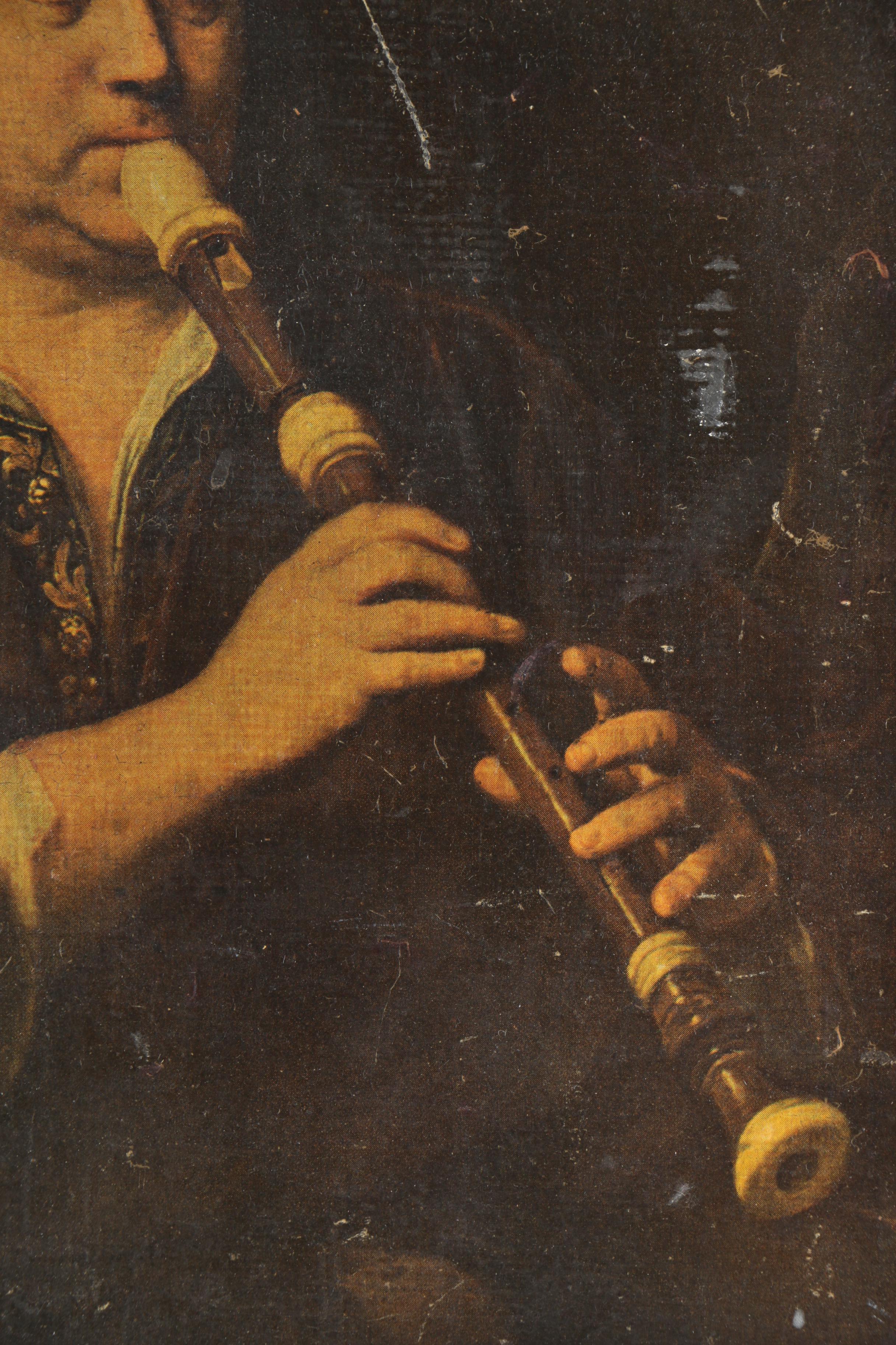 Offset Lithograph on Canvas of Man Playing a Recorder