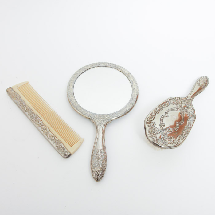 Silver Plate Comb Brush and Mirror Set