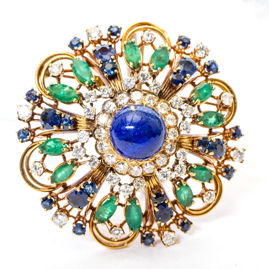 Vintage 18K Yellow Gold, 4.18 CTW Diamond, 7.70 CTW Sapphire, 5.40 CTW Emerald and Lapis Lazuli Brooch